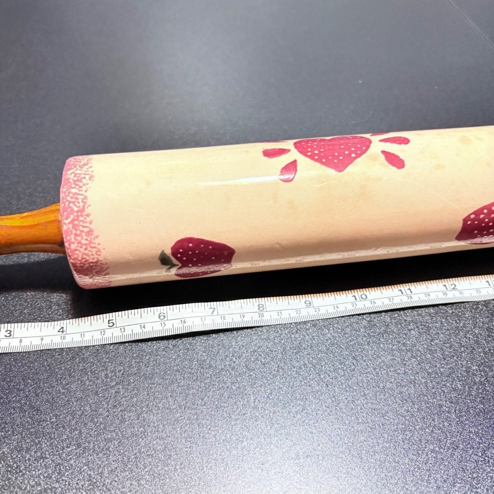 vintage Loomco glazed ceramic rolling pin & holder farmhouse decor strawberry - Picture 7 of 11
